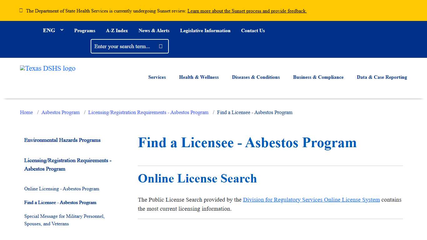 Find a Licensee - Asbestos Program | Texas DSHS