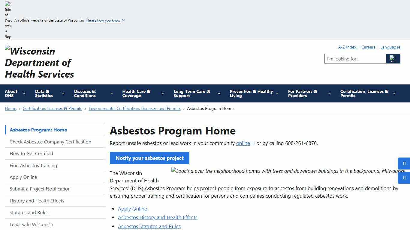 Asbestos Program Home | Wisconsin Department of Health Services